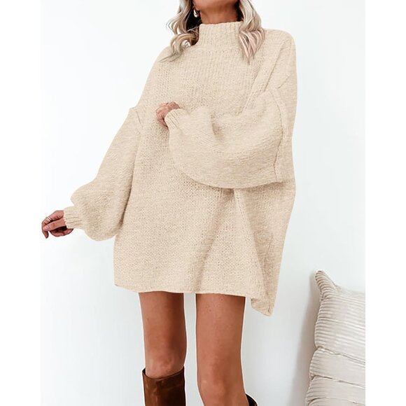 Women’s Oversized Knitted Sweater Long Sleeve Mock Neck Fall Winter Top - Picture 6 of 7